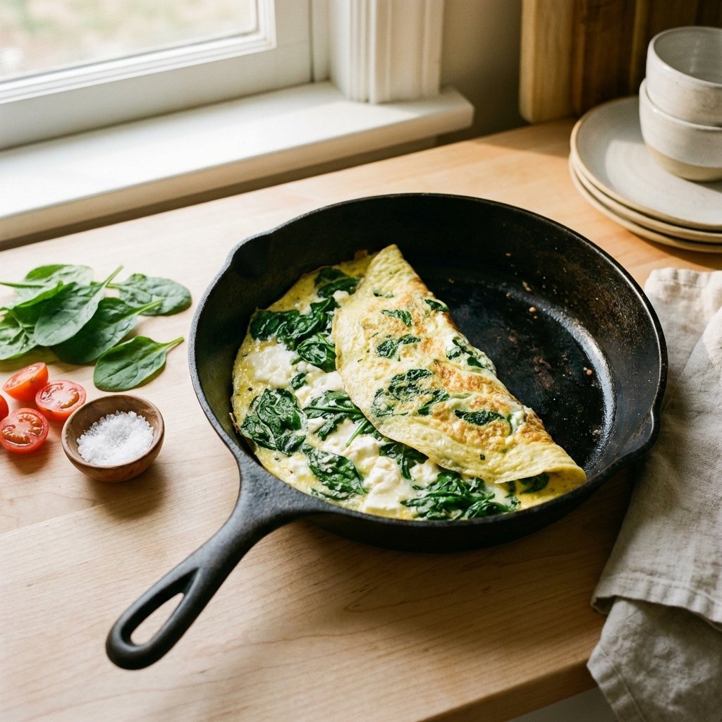 Omelett med spenat och fetaost i panna