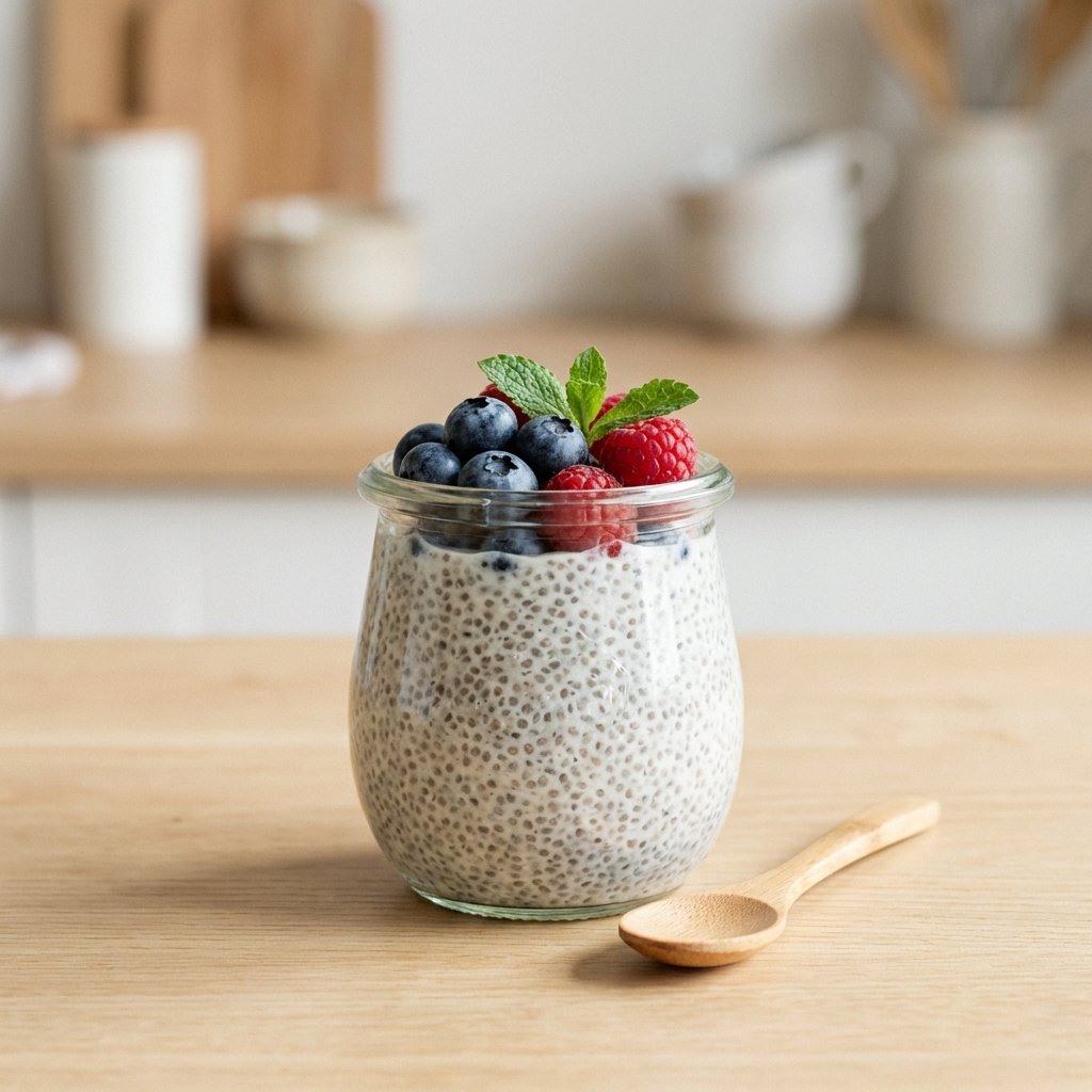 Chia-gröt med färska bär i glas