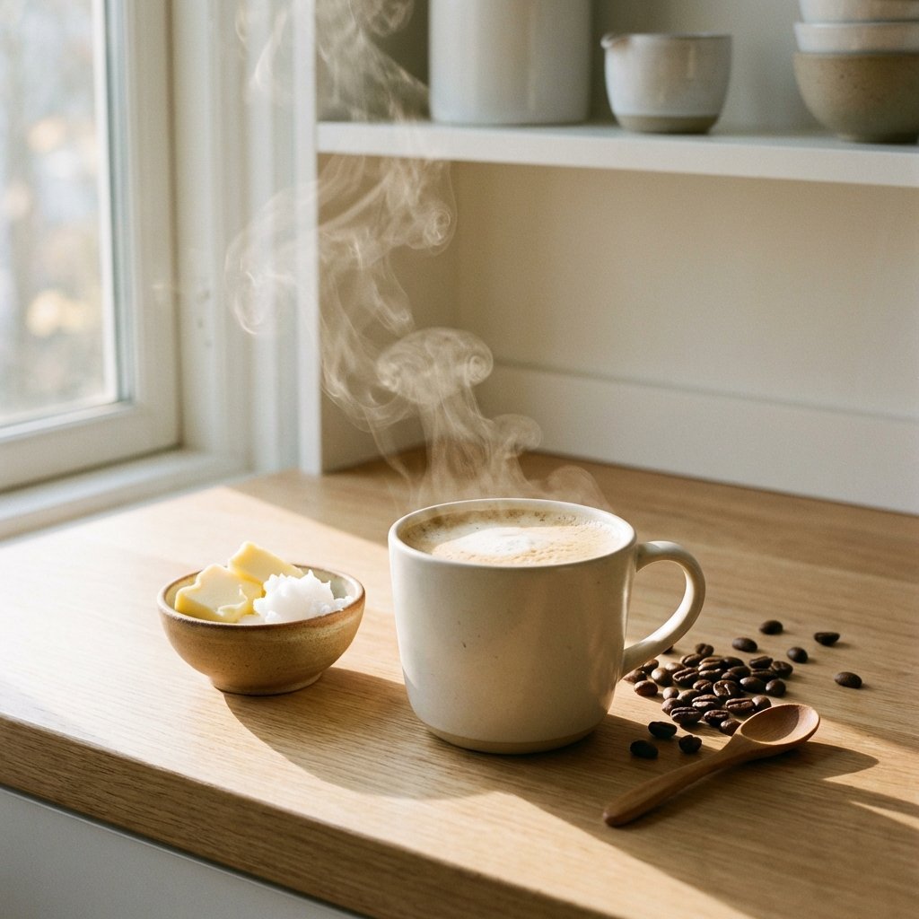 Fettkaffe med skum i vit kopp