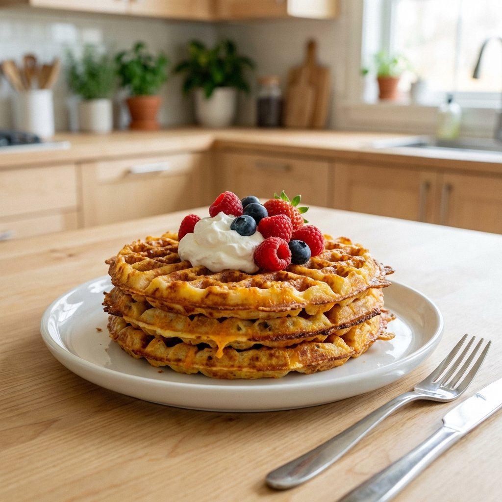 Chaffle-våfflor med vispgrädde och bär