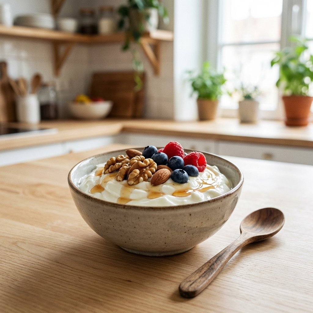 Grekisk yoghurt med nötter och bär i skål