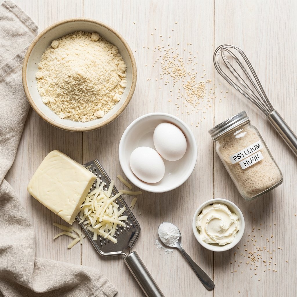 Ingredienser till keto burgarfrallor: mandelmjöl, mozzarella, ägg och psyllium