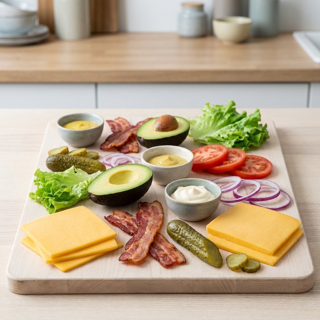 Keto burger toppings: ost, bacon, avokado, sallad och saltgurka