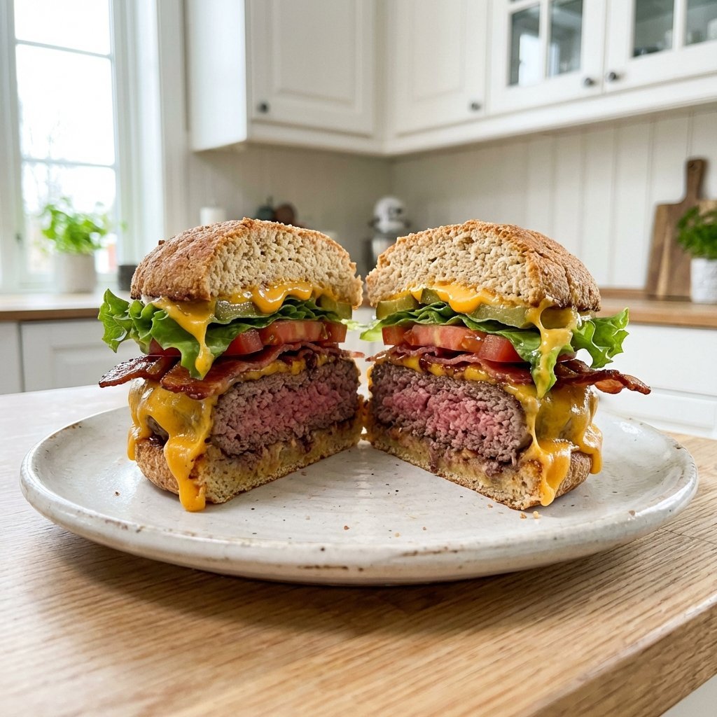 Ketoburgare delad på mitten, alla fyllningar och saftig burgare synliga