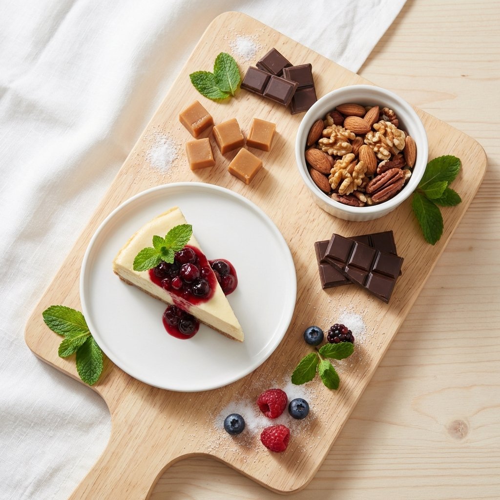 Keto snacks: ostkaka, fudge och mörk choklad på träbricka