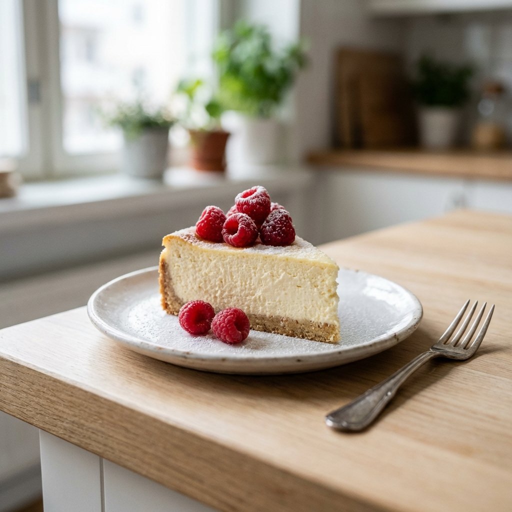 Keto ostkaka bit med bär på vit tallrik