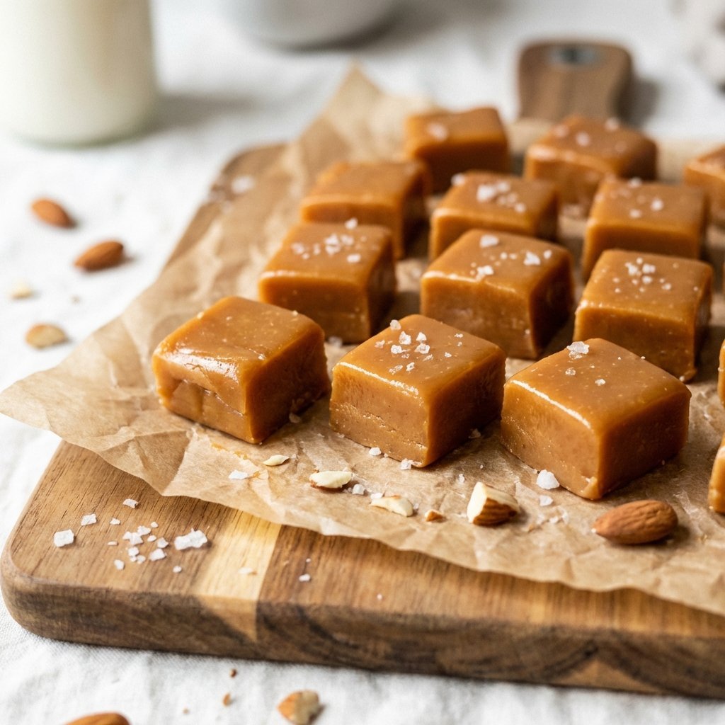 Keto fudge bitar med karamelliserad yta på träbricka