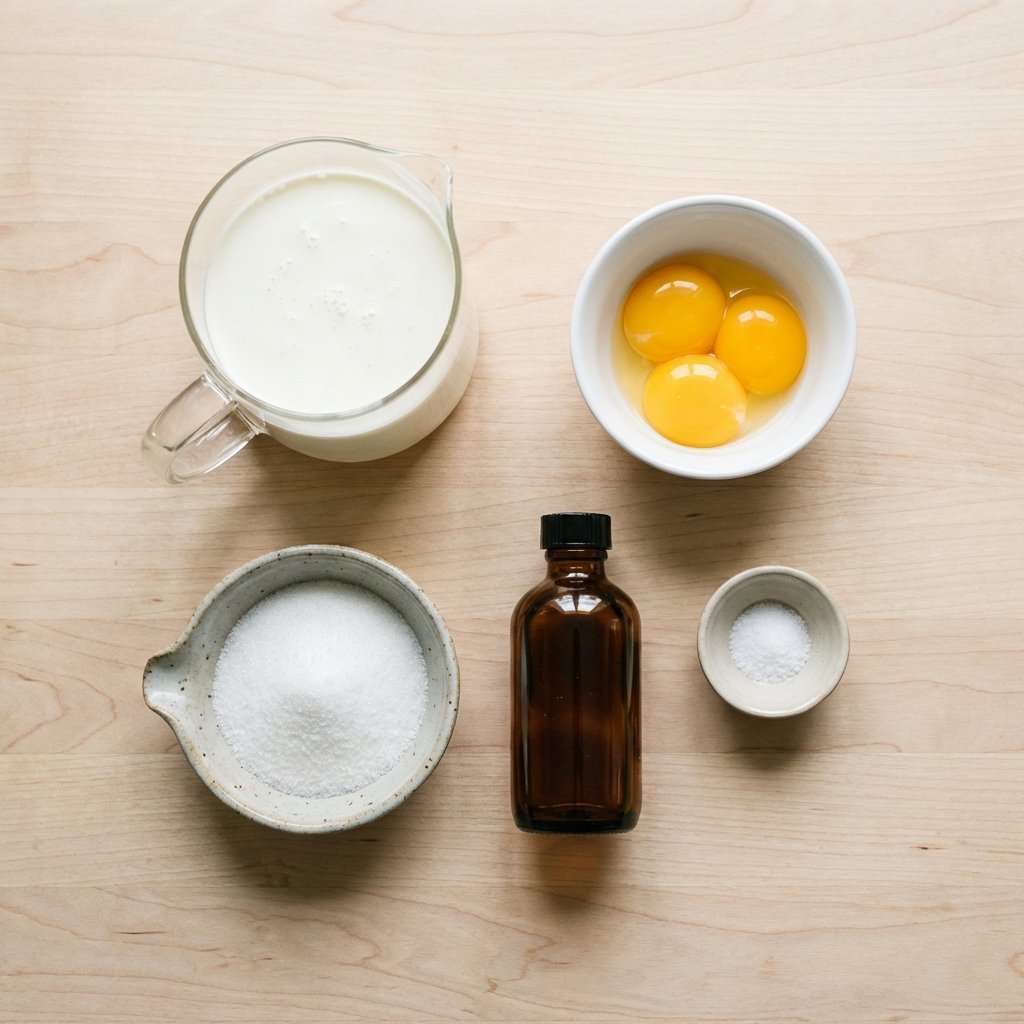 Ingredienser till keto-glass: vispgrädde, äggulor, erytritol och vaniljextrakt