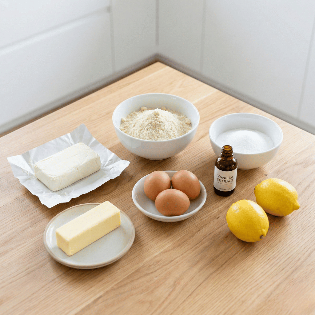 Ingredienser til keto-ostaka på bordet: färskost, mandelmjöl, smör och erytritol