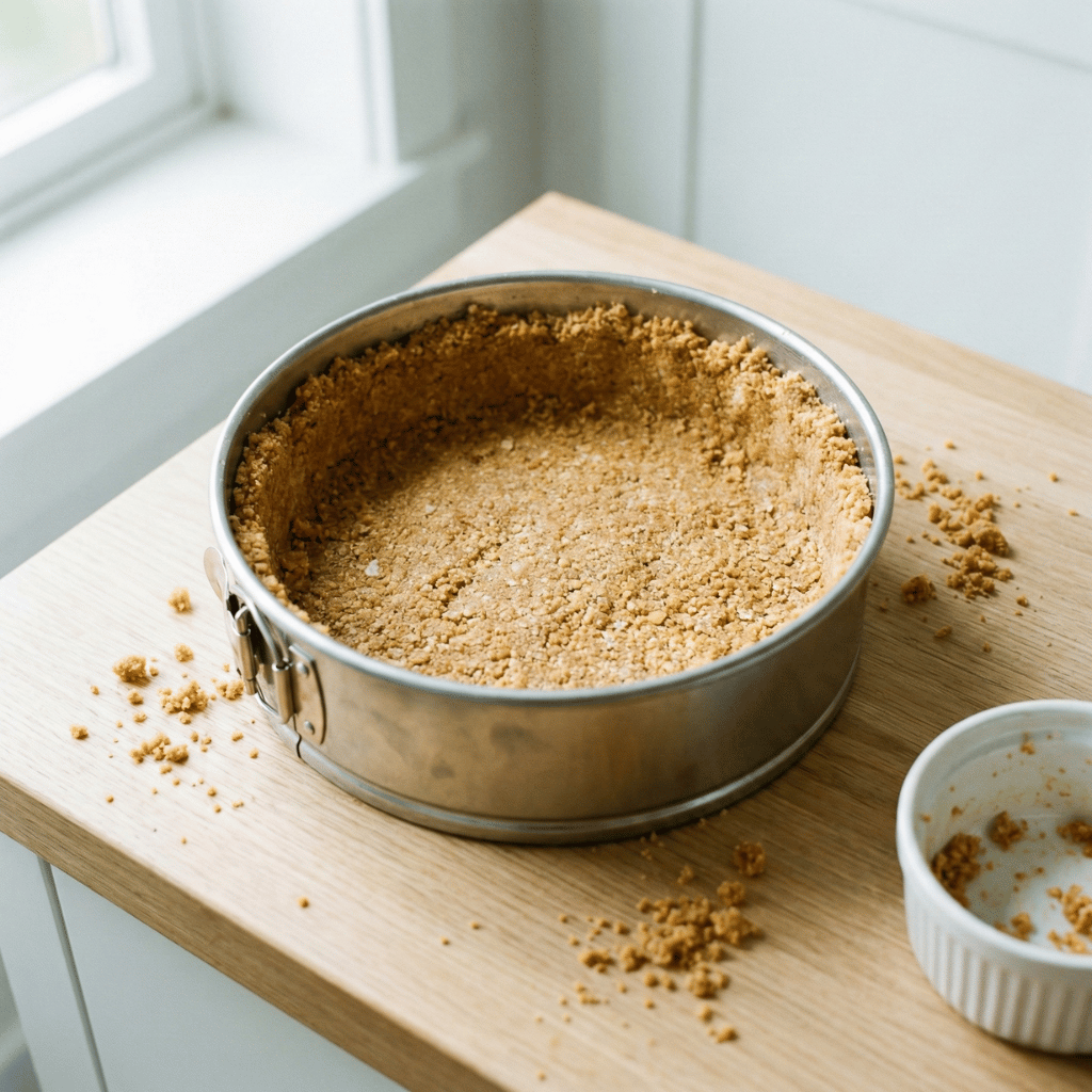 Mandelmjölbunnen trykkes ned i springformen