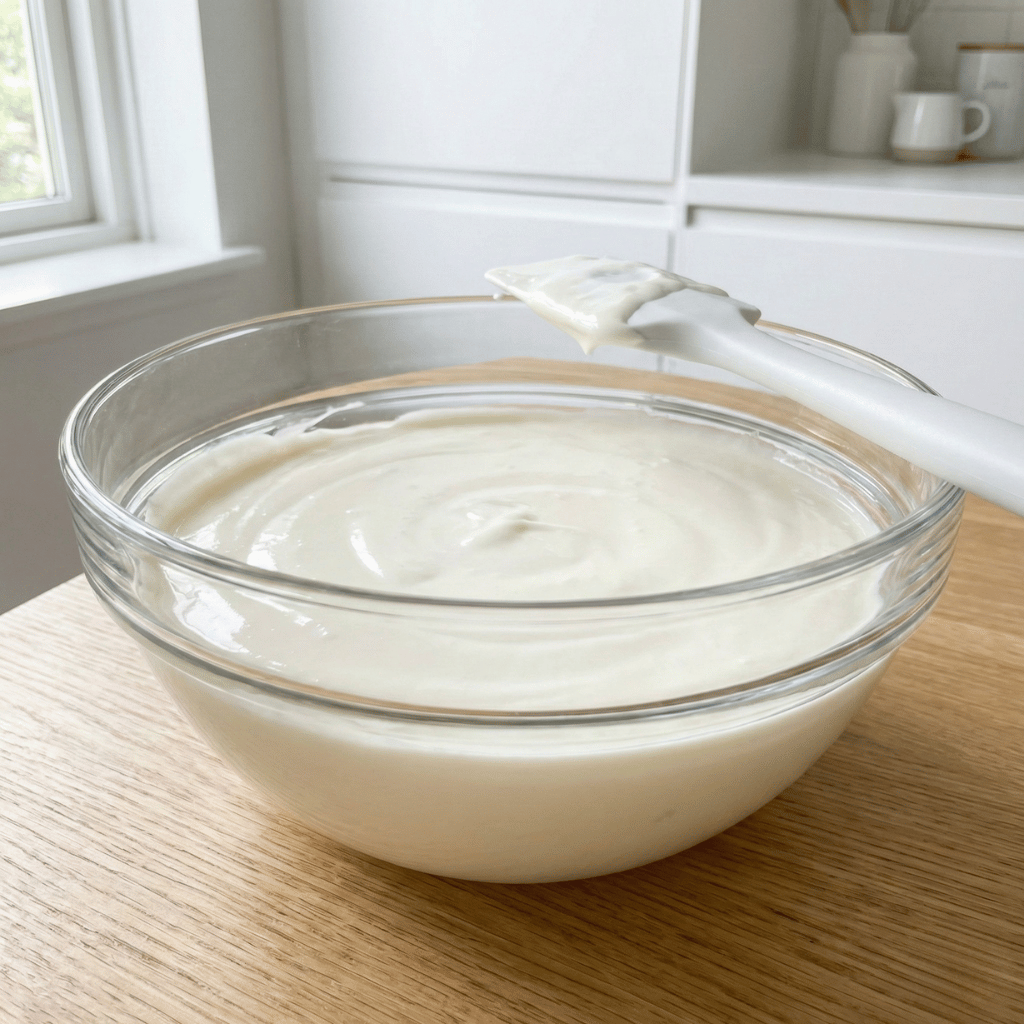 Kremete ostakafyll i glassbollen, silkemyk konsistens