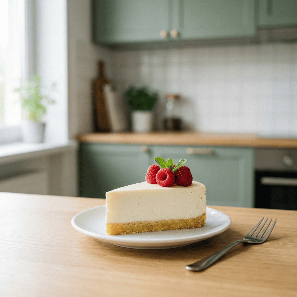 Stykke av keto-ostaka på hvit tallerken med gaffel och hallonpynt