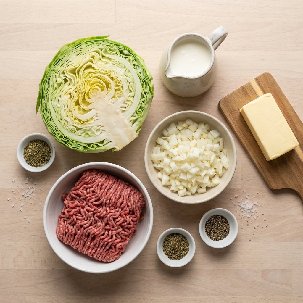 Ingredienser till keto kålpudding: vitkål, färs, lök, grädde och kryddor