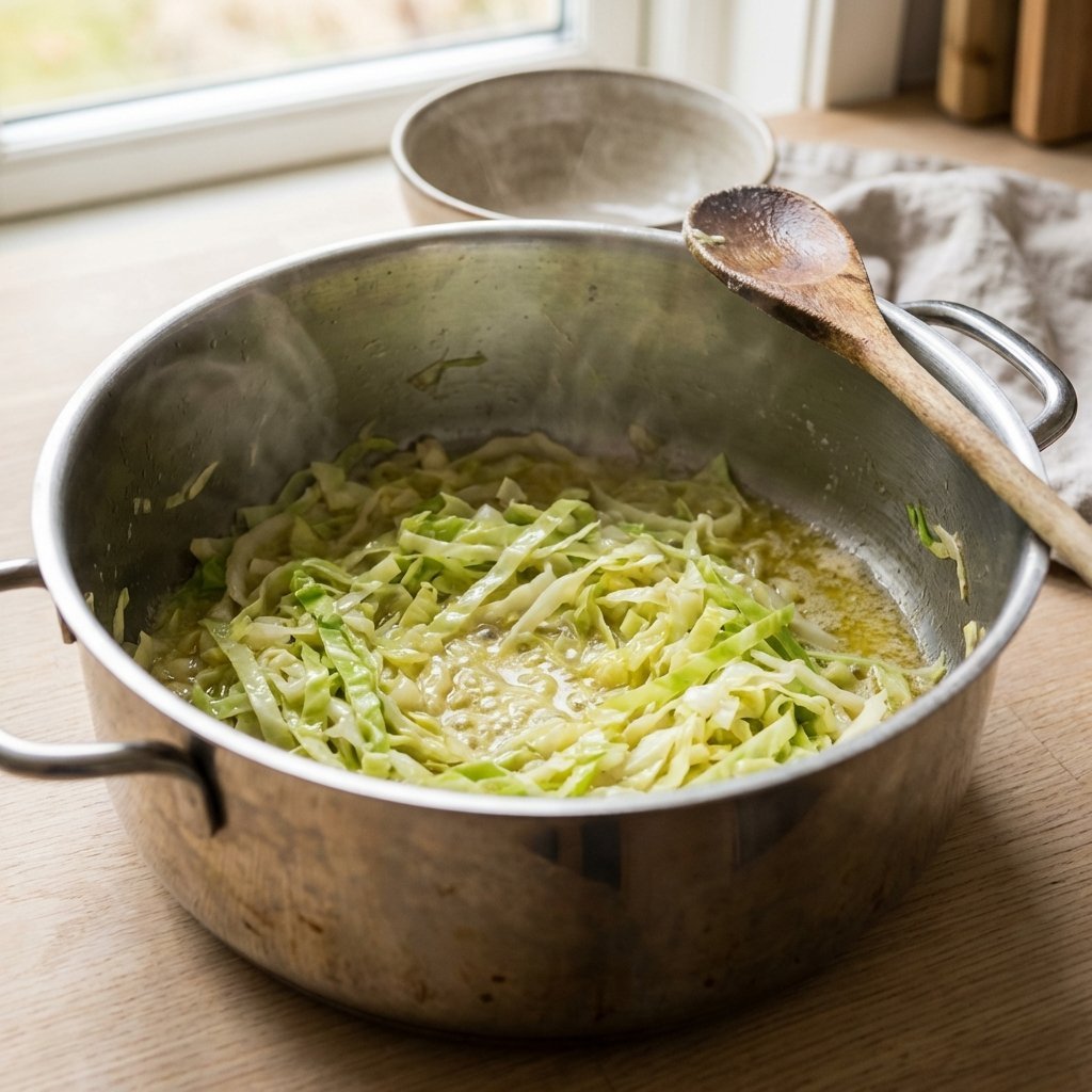 Kålstrimlor som fräses i smör i en stor kastrull