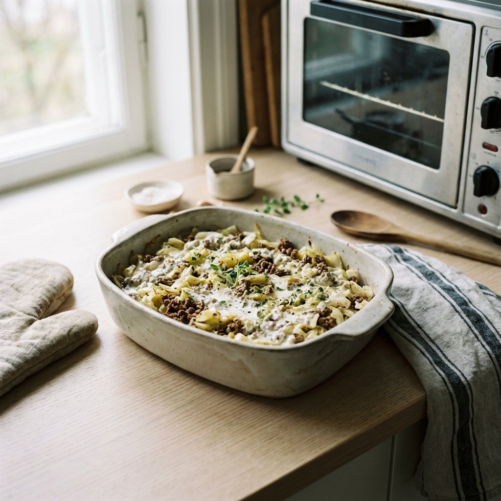 Färs- och kålblandning i ugnsform redo för ugnen