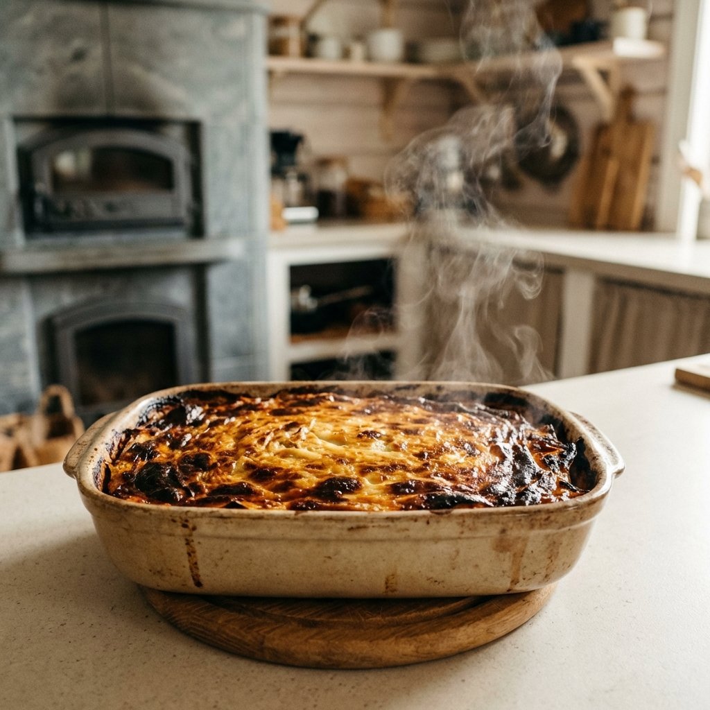 Färdiggräddad keto kålpudding med gyllene yta från ugnen