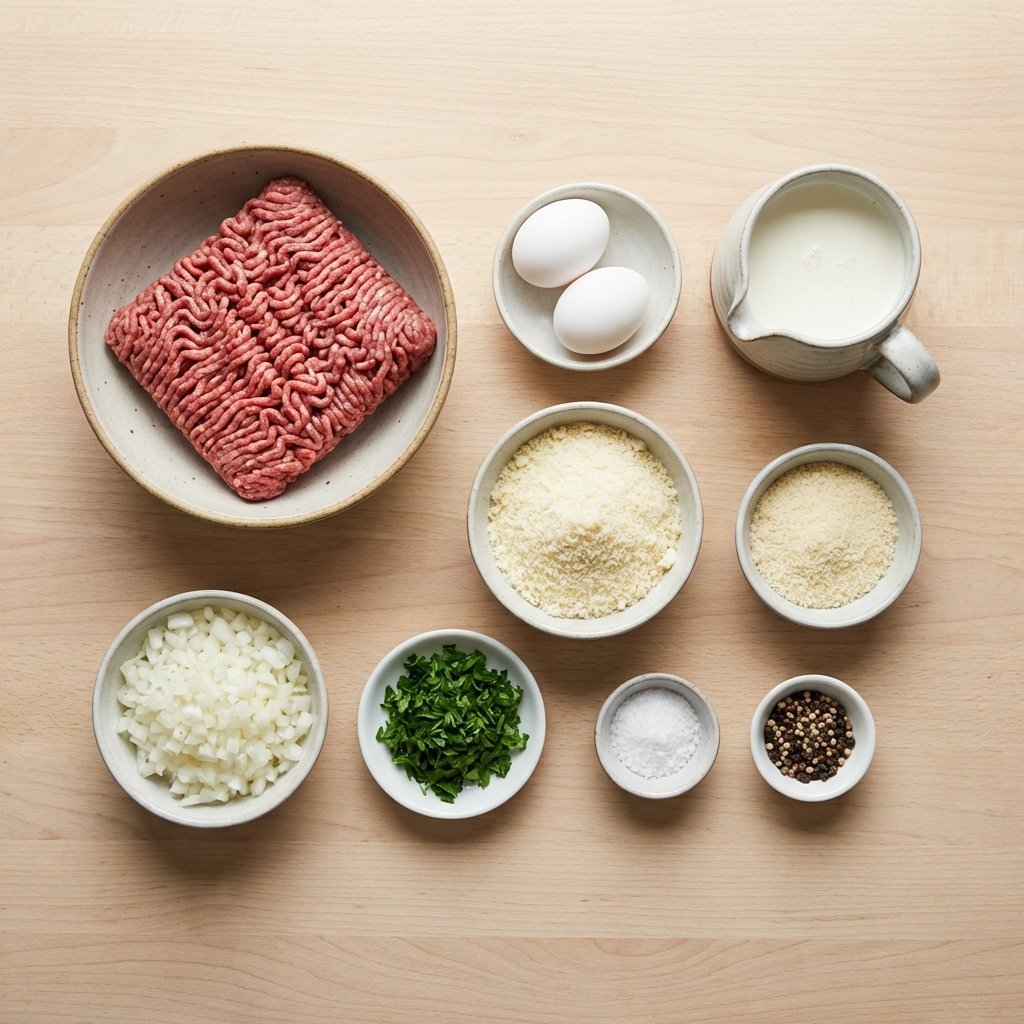 Ingredienser till keto-köttbullar: nötfärs, ägg, grädde och parmesanost