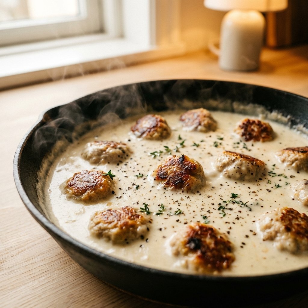 Krämig gräddsås som bubblar i gjutjärnspanna till köttbullar
