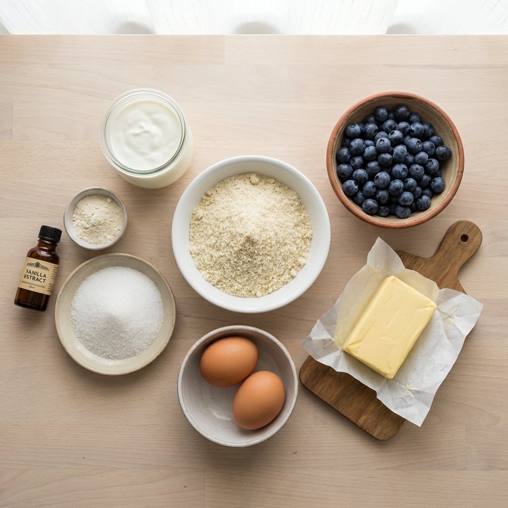 Ingredienser till keto blåbärspaj: mandelmjöl, kvarg, blåbär, smör och sötningsmedel