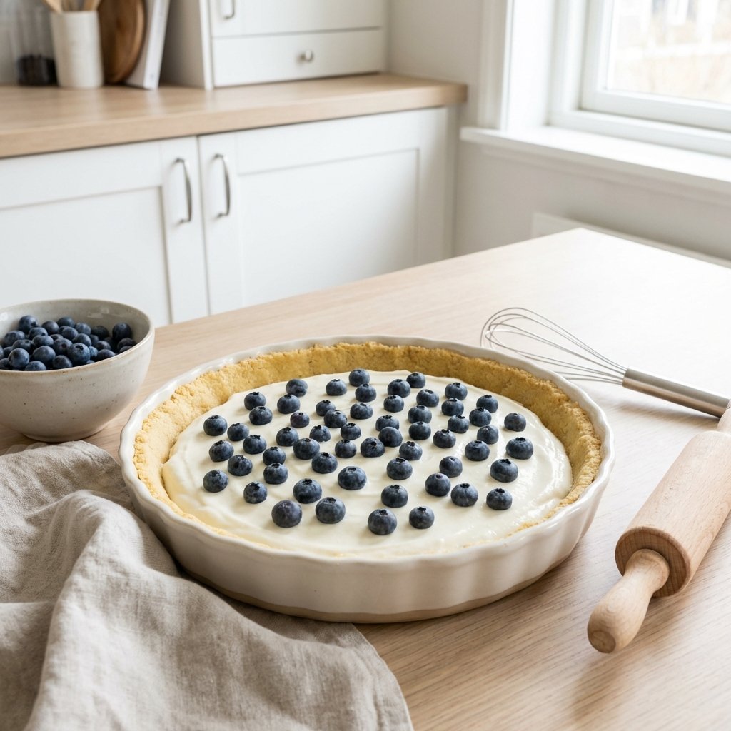 Keto blåbärspaj i form med kvargfyllning och blåbär innan gräddning