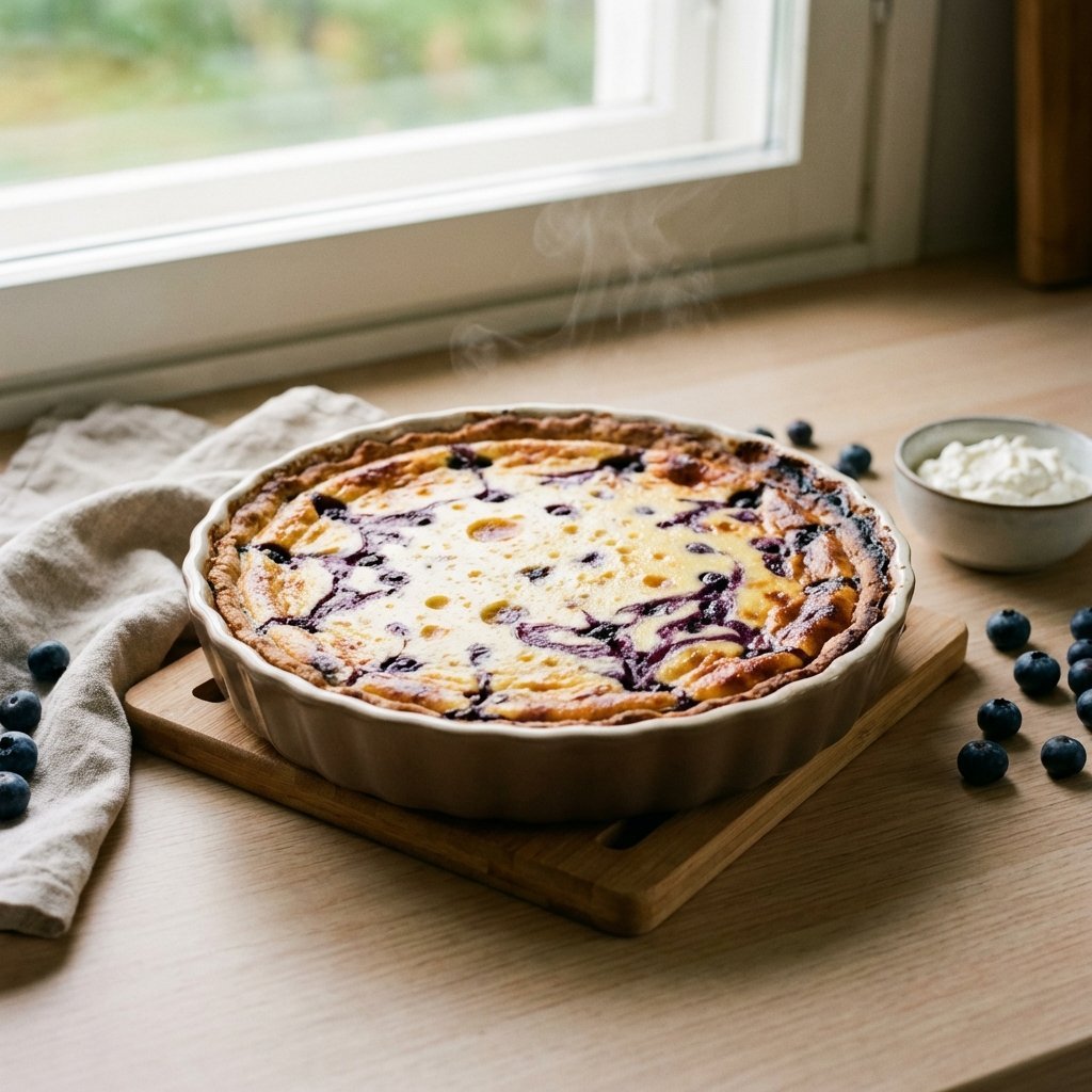 Färdiggräddad keto blåbärspaj ur ugnen, gyllene yta och saftiga blåbär