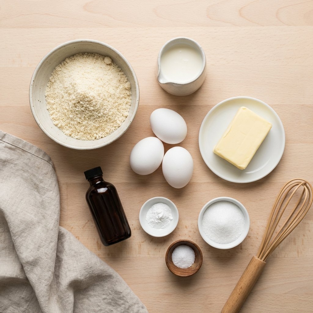 Ingredienser till keto pannkakor: mandelmjöl, ägg, grädde, smör och vaniljextrakt