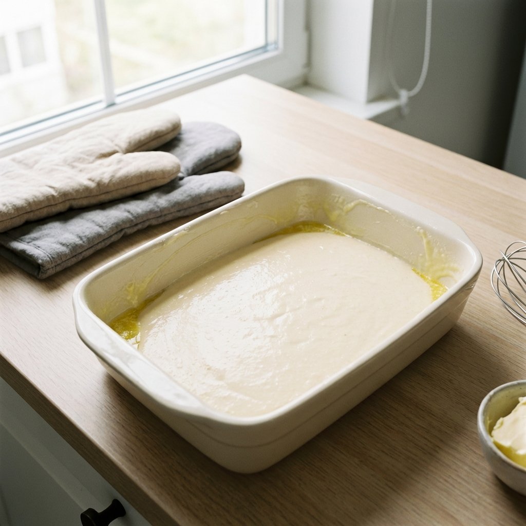 Keto pannkakssmet i smord ugnsform redo för ugnen