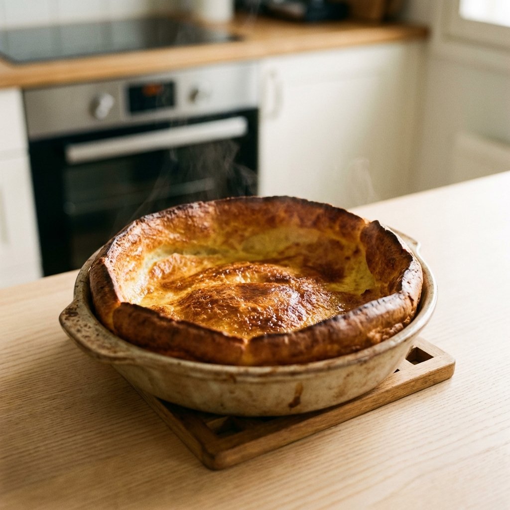 Färdiggräddad keto pannkaka med gyllene, resta kanter från ugnen