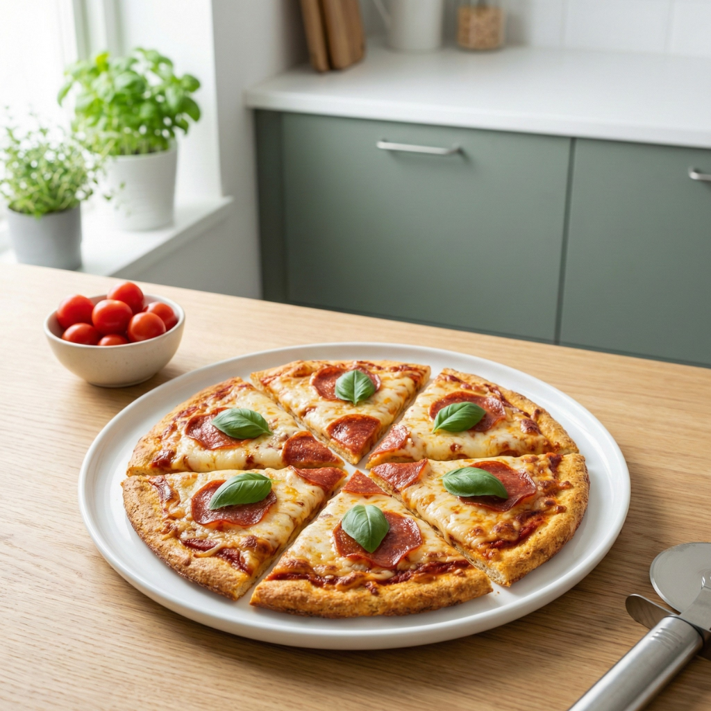 Färdig keto-pizza med Fat Head-botten, skuren i bitar