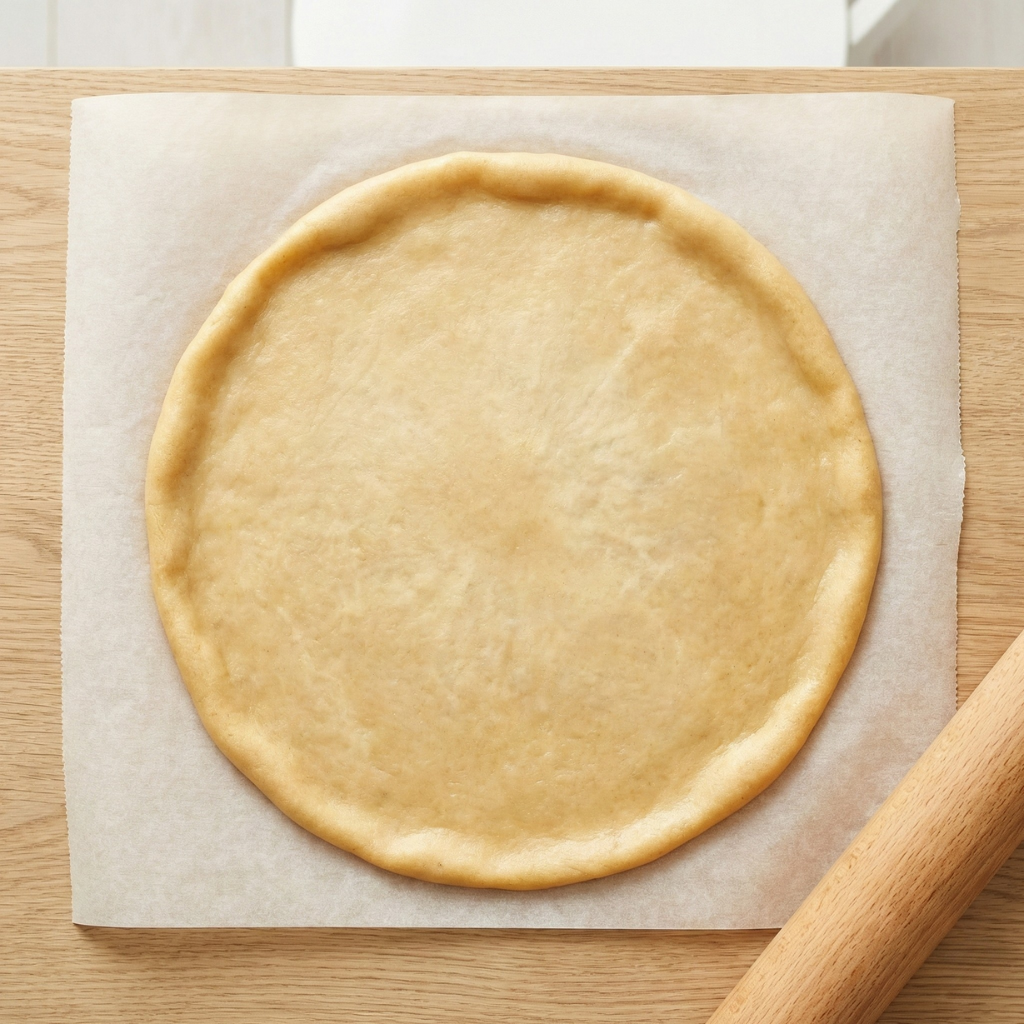 Utkavlad keto-pizzabotten på bakplåtspapper