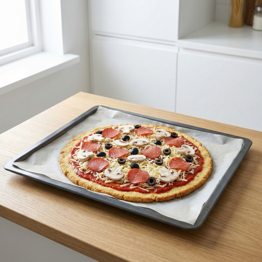 Keto-pizza med topping på ugnsplåt