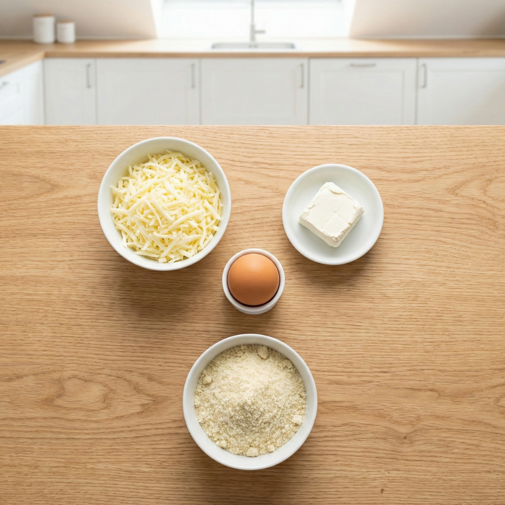 Ingredienser till keto-pizzabotten: mozzarella, färskost, ägg och mandelmjöl