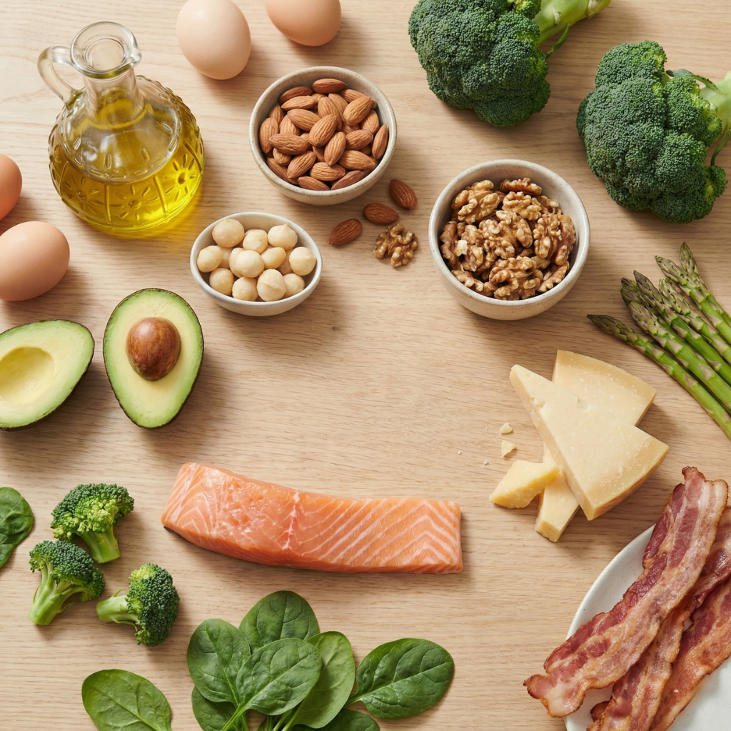 Keto-mat på bordet: kött, fisk, grönsaker, nötter och hälsosamma fetter