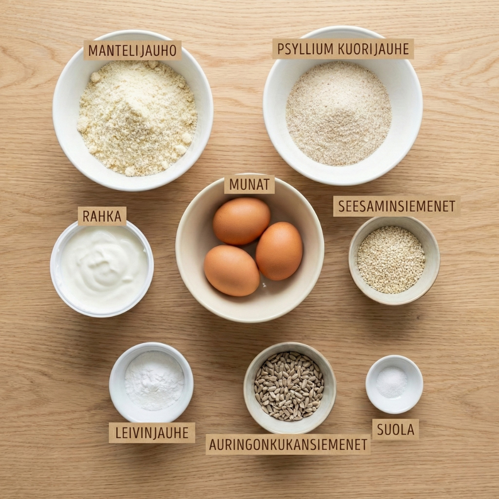Ingredienser til keto frallor: mandelmjöl, psyllium, egg och gresk yoghurt