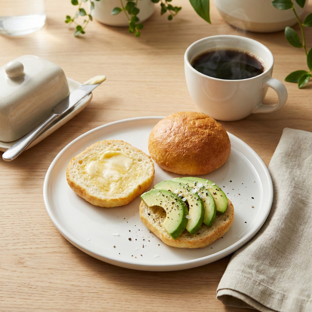 Keto rundstykke delt med smør och avokado til frukost