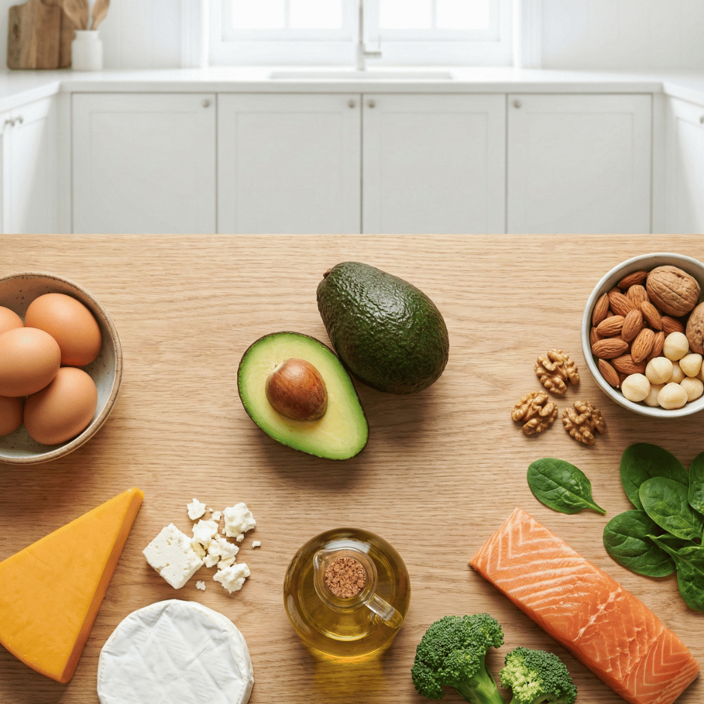 Ketogene råvarer – avokado, ägg, oster, olivolja, nötter och laks