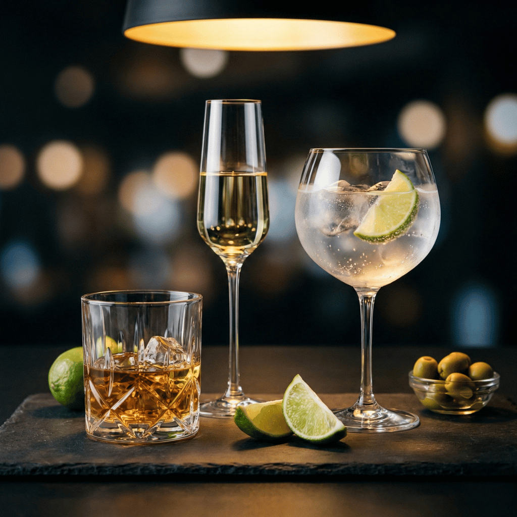 Keto-vänliga alkoholdrycker: whisky, torr vin och gin tonic i elegant upplägg