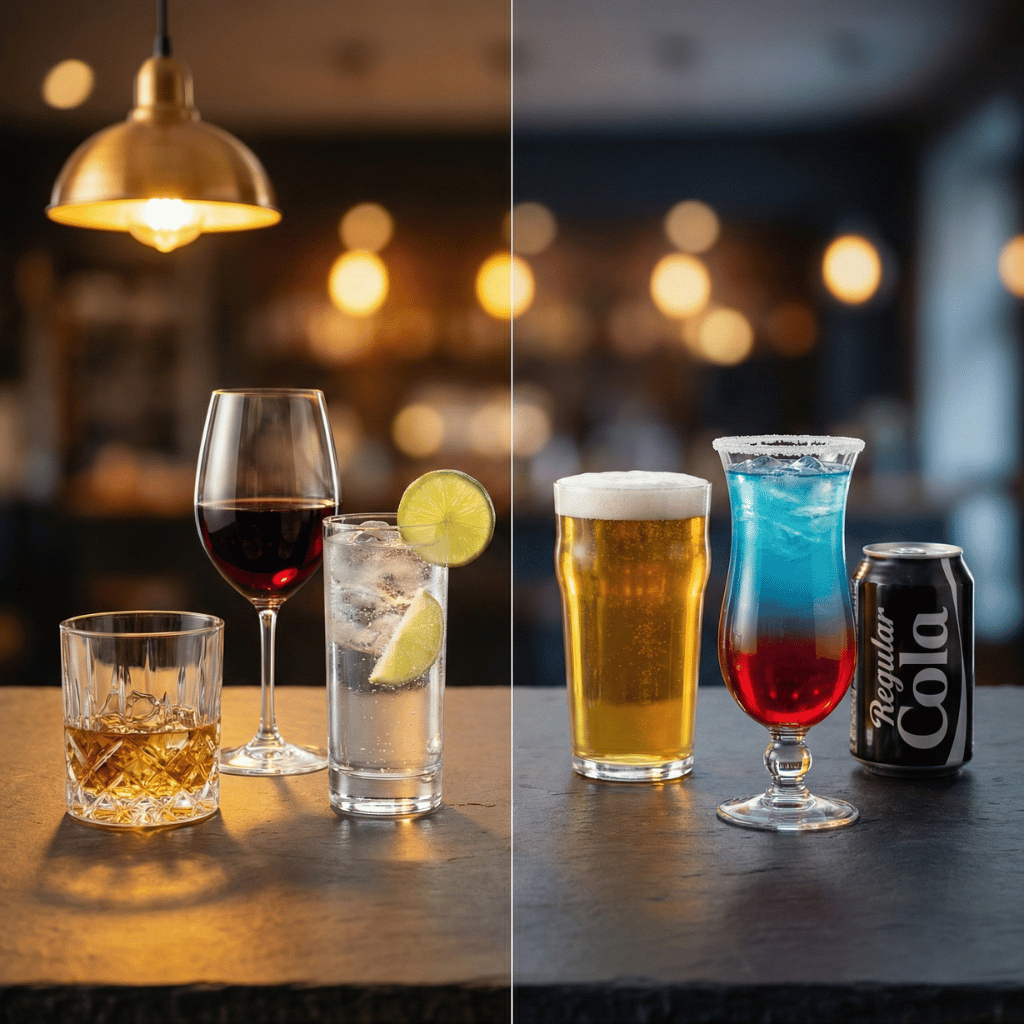 Jämförelse: keto-godkända drycker till vänster vs. drycker att undvika till höger