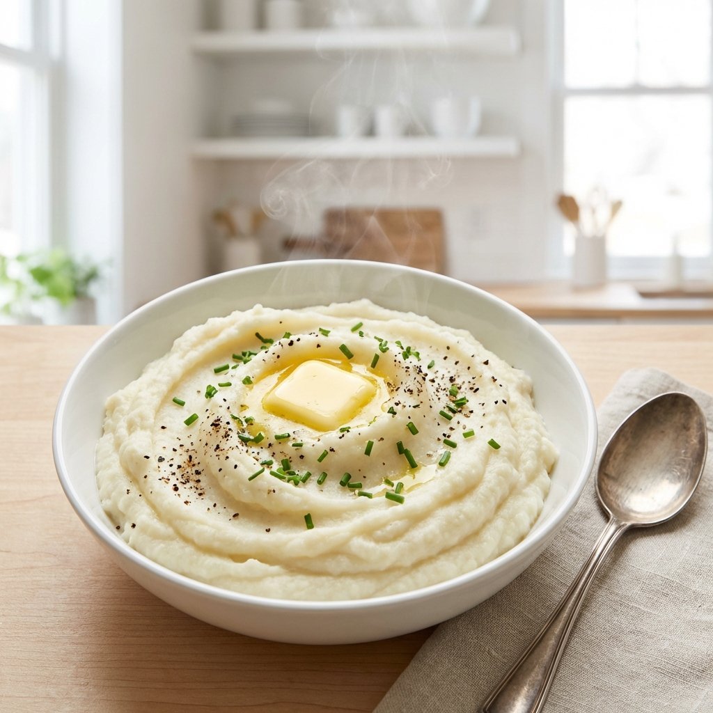 Krämig blomkålsmos med smör och örter på vit tallrik