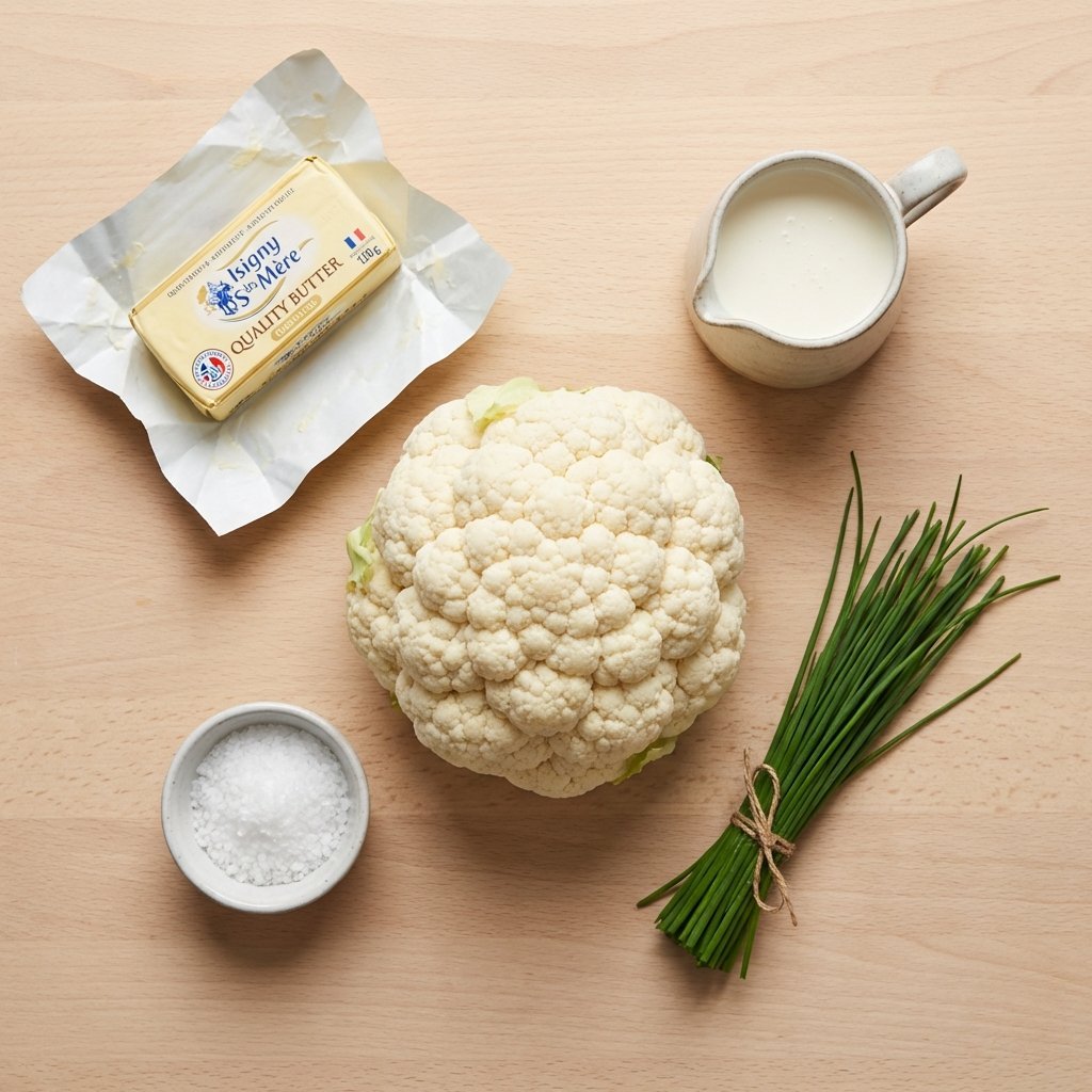 Ingredienser till blomkålsmos: färsk blomkål, smör, grädde och salt på skärbräda