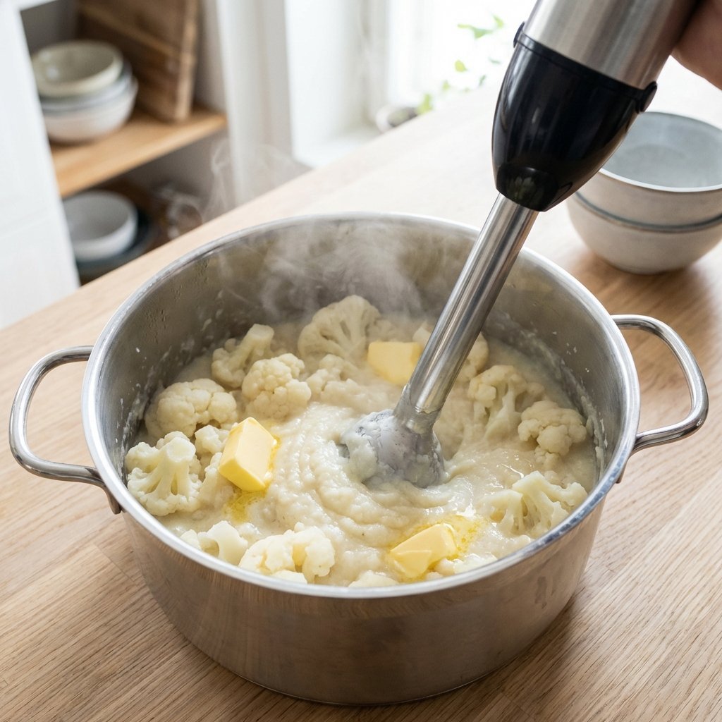 Kokt blomkål som mixas i en kastrull med stavmixer