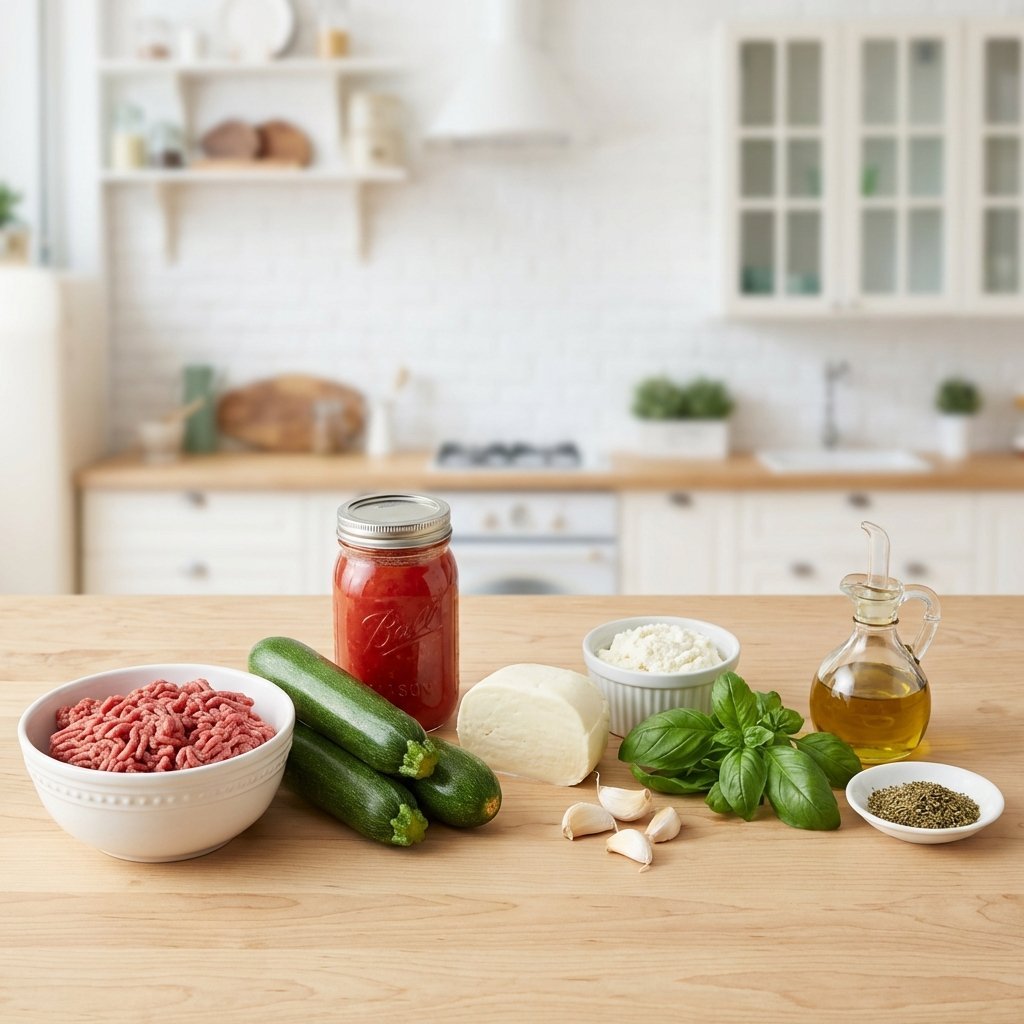 Ingredienser til keto zucchini lasagne: zucchini, kjøttdeig, hakkede tomater, oster och krydder