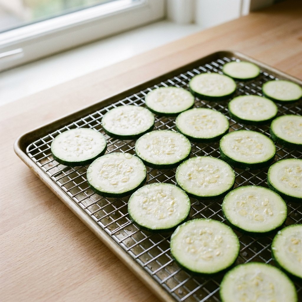 Saltede zucchini-skiver som svetter ut vann