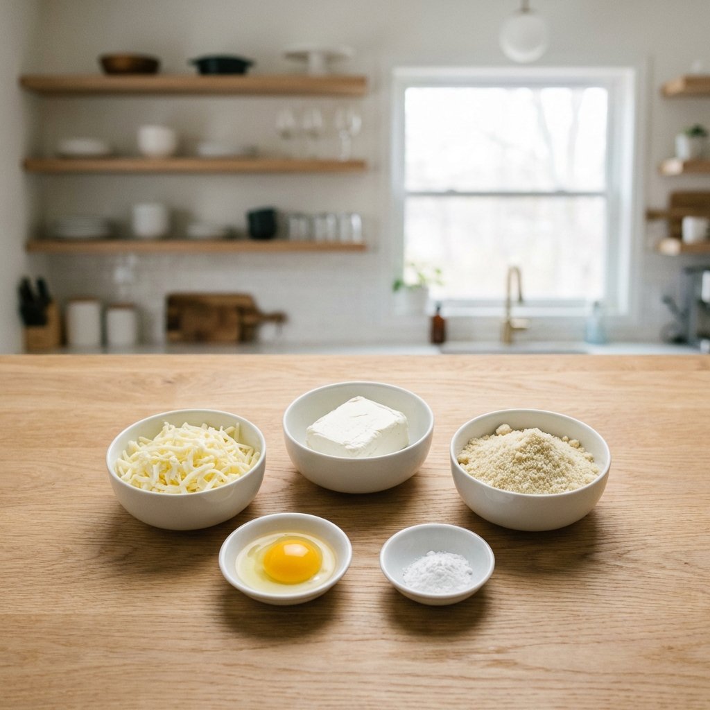 Ingredienser till keto-bagel: mozzarella, färskost, mandelmjöl, ägg och bakpulver