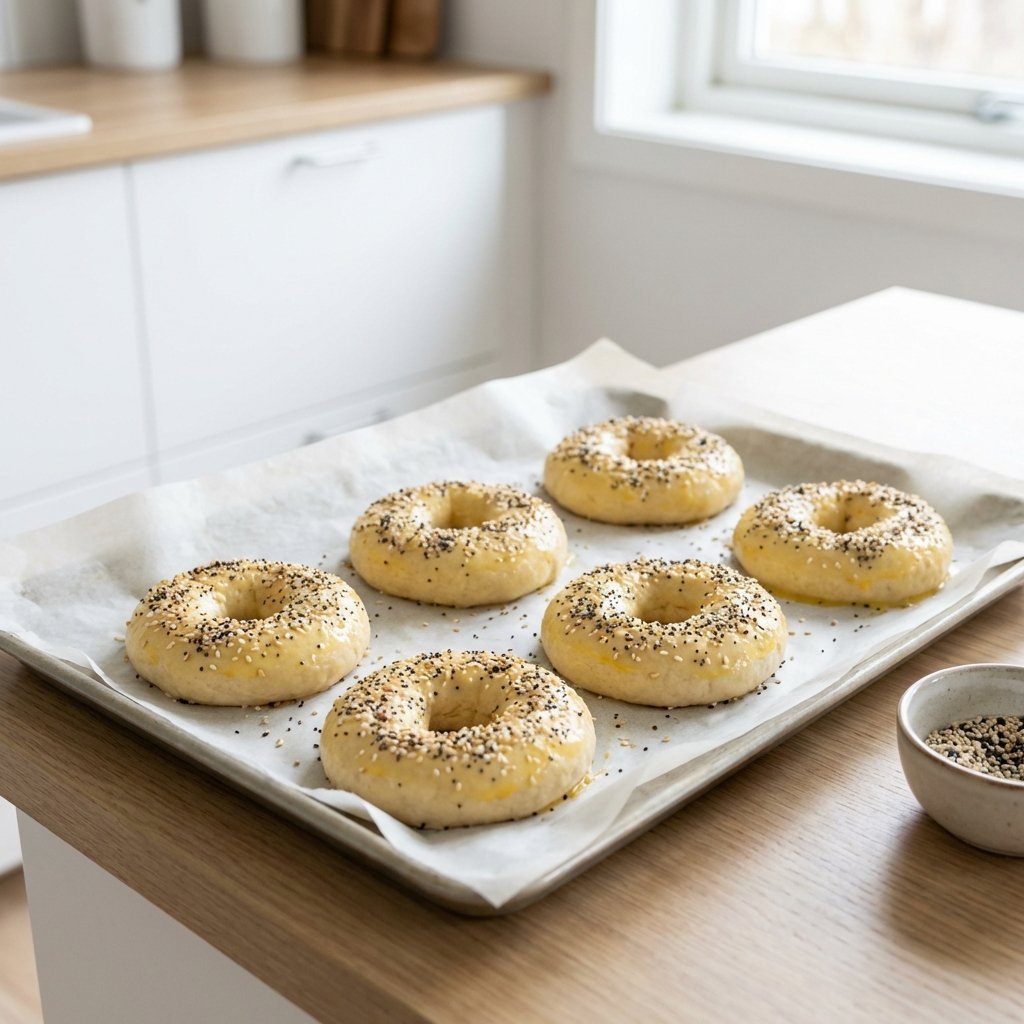 Formade keto-bagels på plåt, dekorerade med frön