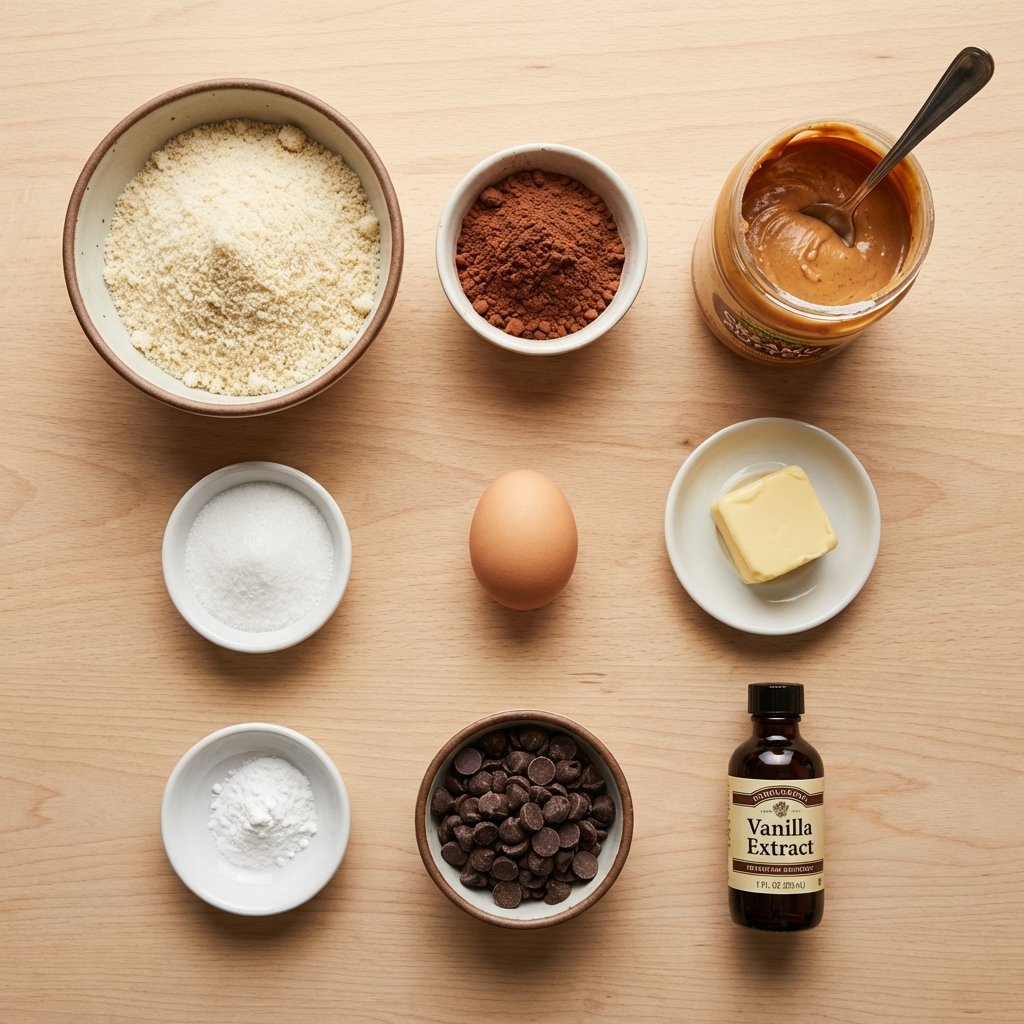 Ingredienser til sjokolade-peanøttsmørkjeks: mandelmel, kakao, peanøttsmør och erytritol