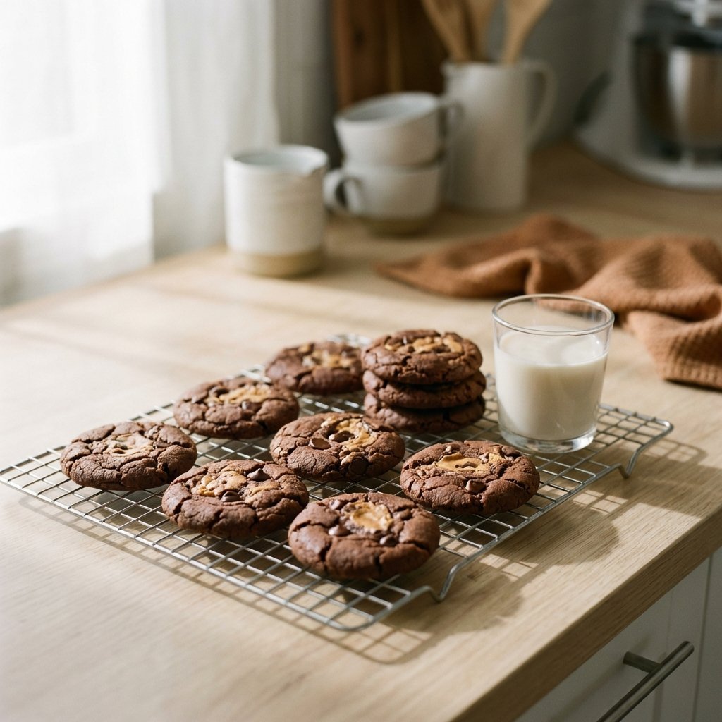 Ferdige sjokolade-peanøttsmørkjeks på avkjølingsgitter