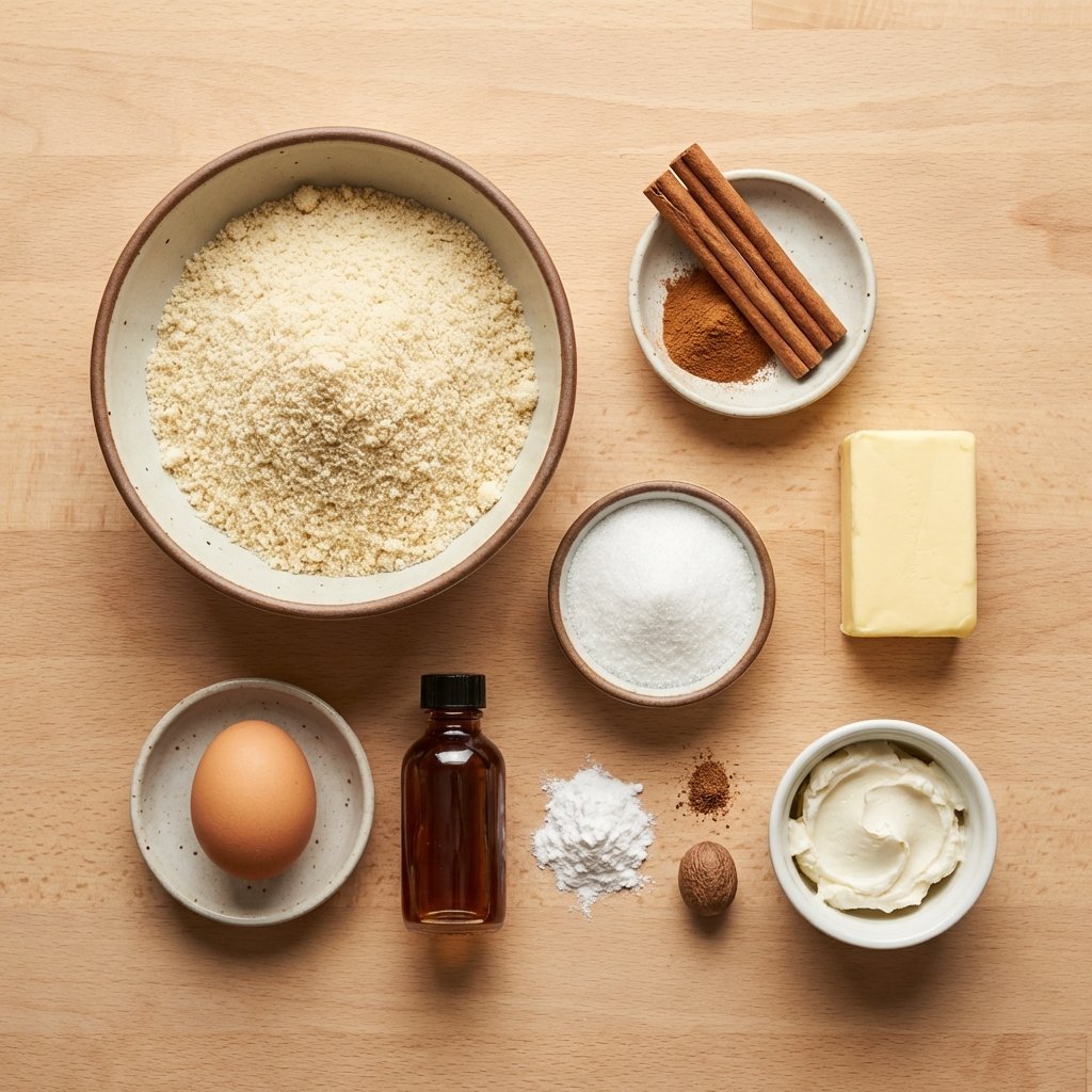 Ingredienser til kanelkjeks: mandelmel, kanel, smør, erytritol och vaniljeekstrakt