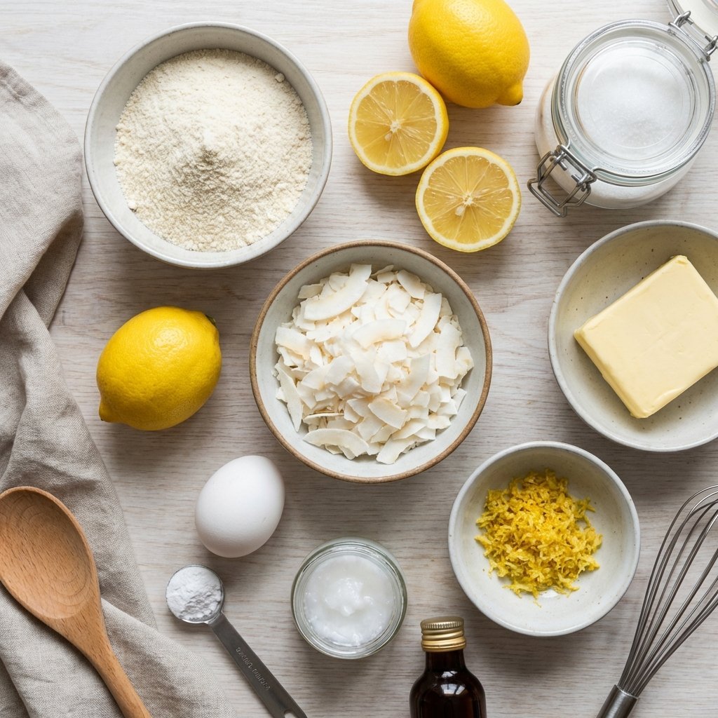 Ingredienser til kokos-sitronkjeks: kokosmel, kokosfnokker, sitron och erytritol