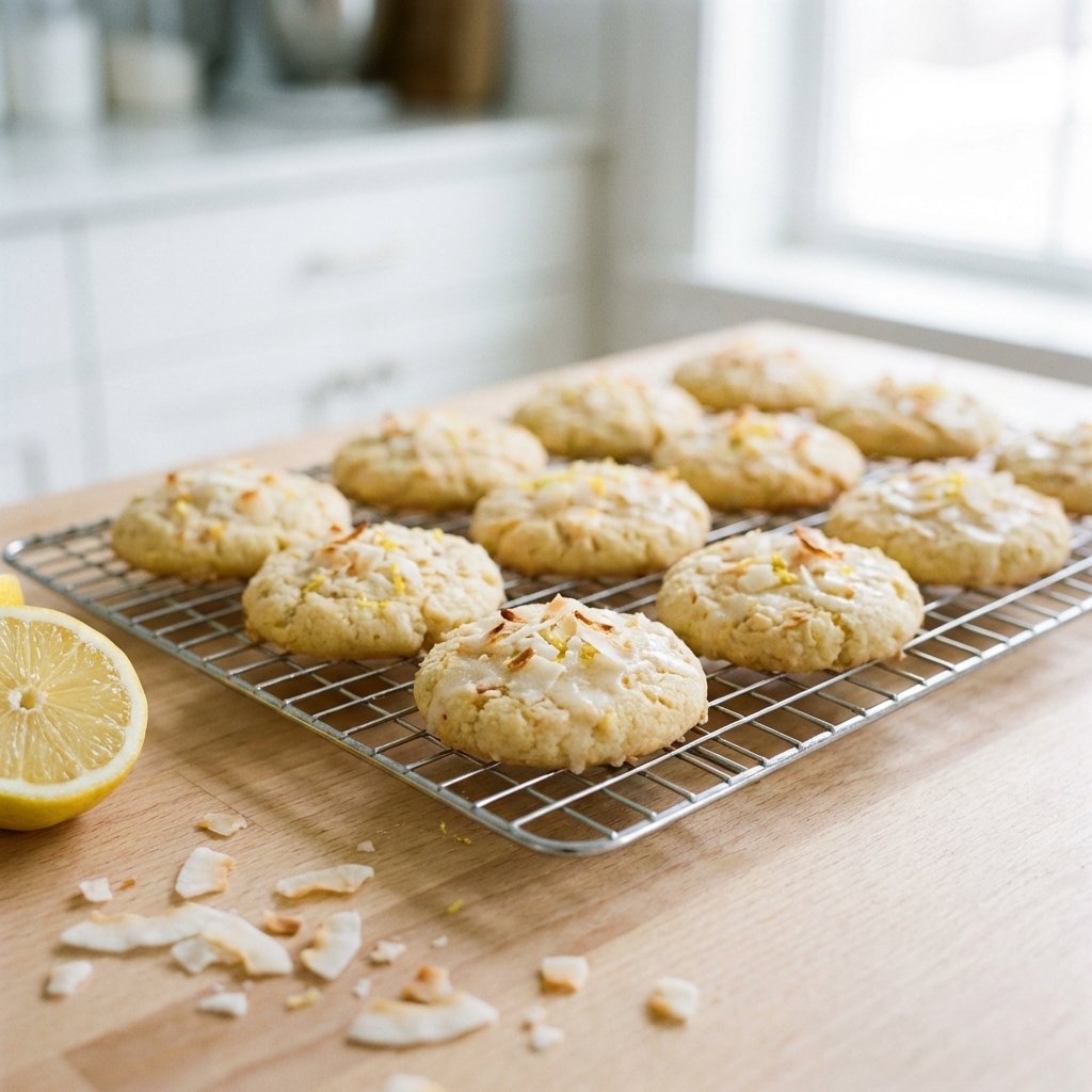 Ferdige kokos-sitronkjeks på avkjølingsgitter